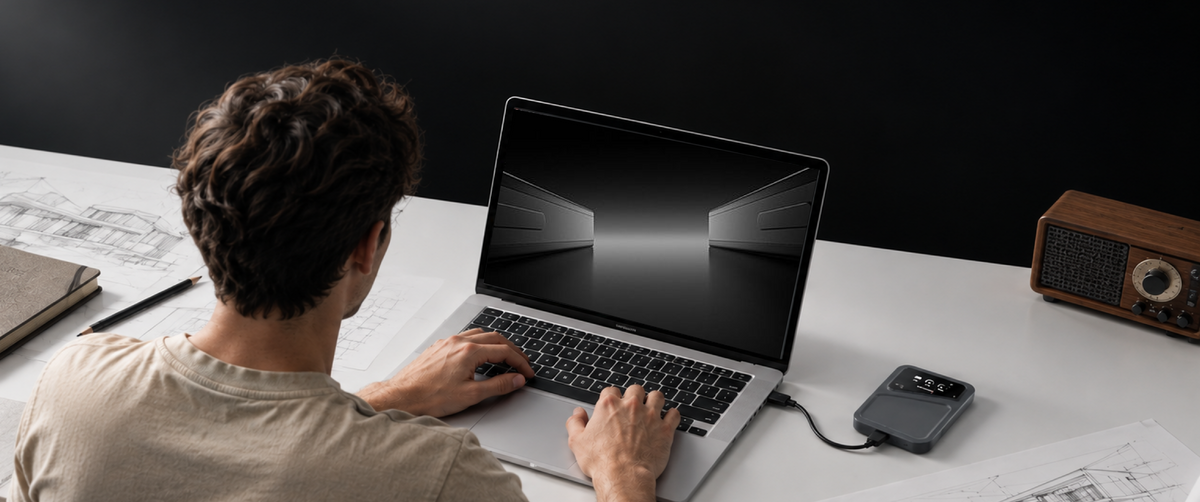 FanX Drive X3 connected by cable to laptop on desk, man working with architectural sketches spread on table, turn your pc into a nas.